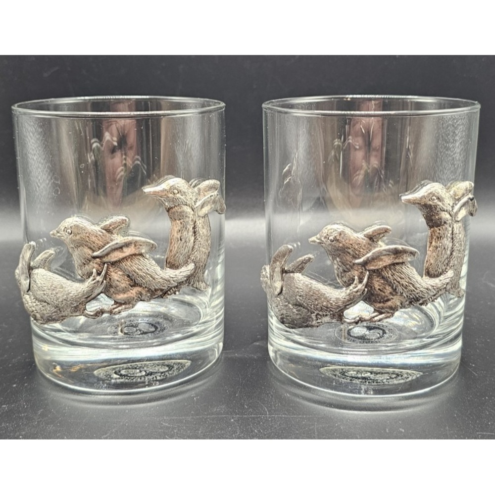 2 Vintage Arthur Court Penguins at Play Pattern Glasses 12 Oz.